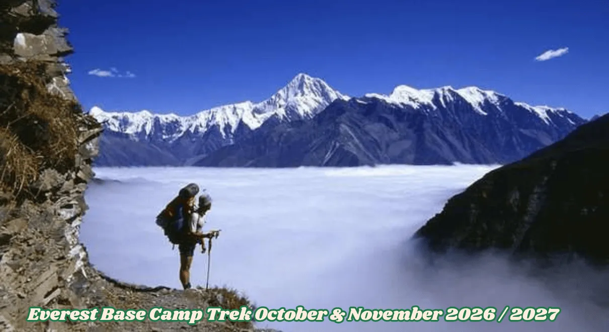 Everest Base Camp Trek in October and November with clear Himalayan mountain views and autumn trekking season scenery
