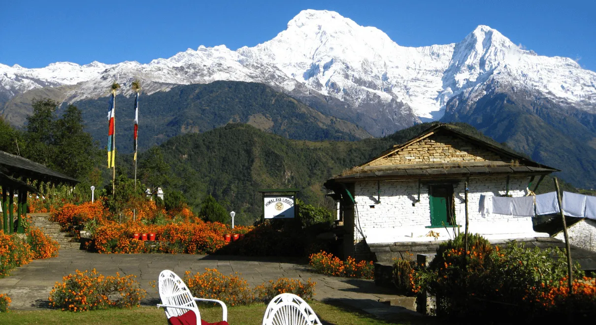Nepal trekking package guide showing Himalayan mountain peaks with trekkers on scenic trail