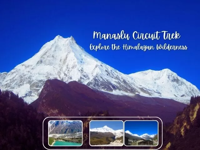 Majestic Mount Manaslu view from Samagaun village with clear skies and traditional stone houses in the background.